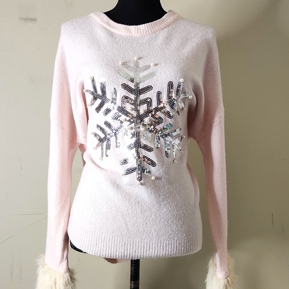 Pink sequin  fuzzy knit faux fur crewneck barbiecore Christmas sweater size xl - Picture 1 of 7